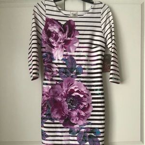 Black and white striped dress with purple flowers